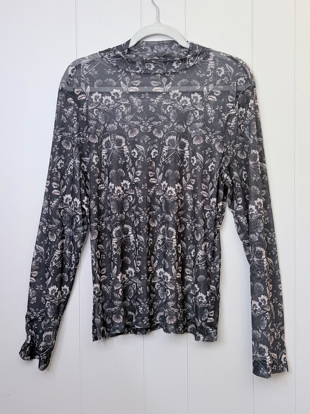 Anthropologie Sheer Black Floral Butterfly Mock Neck Long Sleeve Top XL